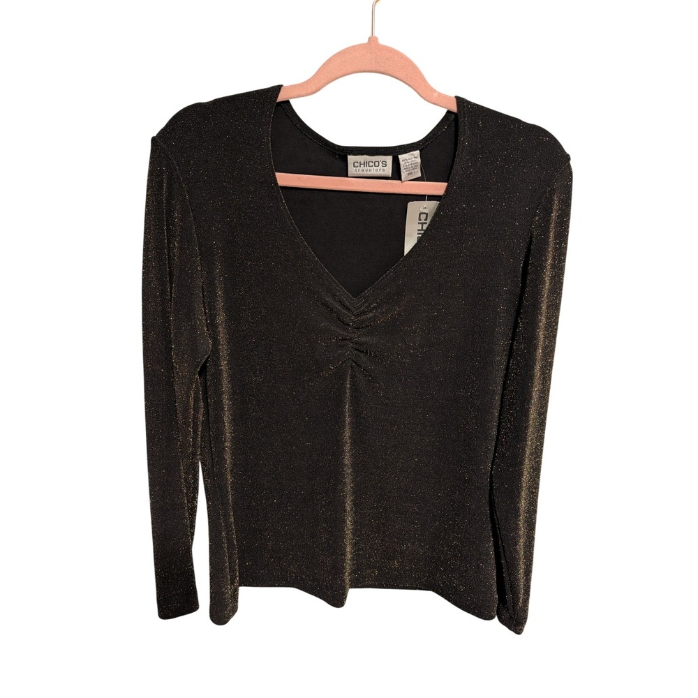 Vintage Chicos Travelers Metallic Glam Top Hot Fudge Gold Shimmer Size 1 Medium